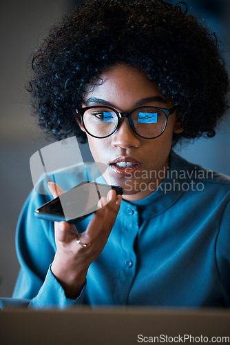 Image of Speaker phone call, night and business woman consulting, talking, communication and speaking on voice note. Audio recording, speech to text and face of professional consultant discussion on cellphone