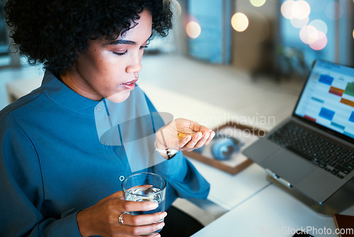 Image of Pills, water and business woman with medicine in office for wellness, health and vitamins at desk. Healthcare, corporate and worker with tablets and glass for supplement, medication and prescription