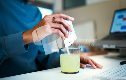 Image of Medicine, water and hand with effervescent in office for wellness, health and vitamins at desk. Healthcare, corporate and person or worker with powder in glass for supplement, medical drink relief