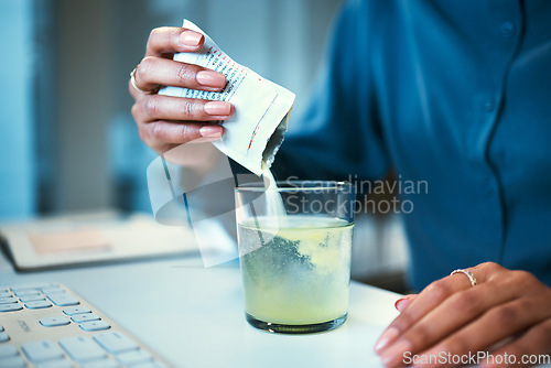 Image of Medicine, water and business person with effervescent in office for wellness, health drink and vitamins. Healthcare, corporate and hands of worker with powder, supplement and medical relief in glass