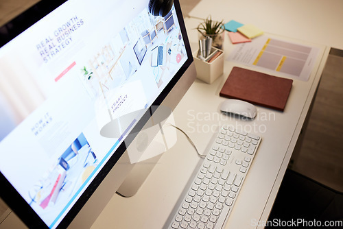 Image of Website, planning and a computer screen in an office, table or workspace connection. Strategy, business and a desktop pc at a desk for company information, web design or online graphic creativity