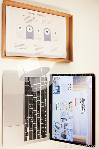 Image of Laptop, strategy guide and steps for planning on a desk in an office from above for business project. Computer, blog or online article on screen in an empty workplace for research on company growth