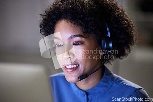 Image of Computer, customer support face and business woman communication, contact center and reading bank account info. Loan advisory, night services and insurance agent telemarketing on online sales pitch