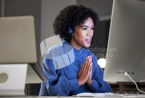 Image of Computer video call, customer support and professional woman consulting on telemarketing online conference. Virtual meeting consultation, pray or night agent hope with thank you gesture on webinar