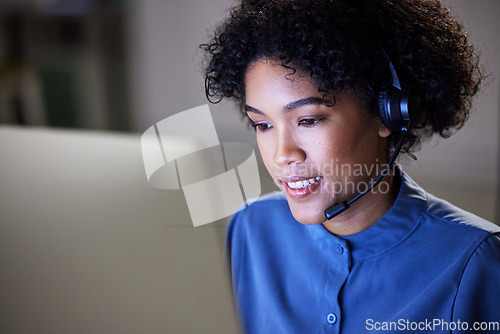 Image of Computer, customer care face and professional woman communication, contact center and reading lead generation info. Loan advisory, night callcenter and help desk person review CRM telecom services