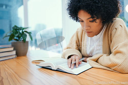 Image of Bible, notes and woman reading book at desk in home, Christian faith and knowledge of God for religion. Study, notebook and girl at table with holy worship, learning gospel for inspiration and prayer