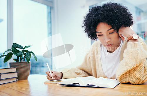 Image of Bible, notes and thinking, woman studying religion in home and Christian faith knowledge of God for hope. Reading, writing and girl at table with holy book, learning gospel for inspiration and prayer