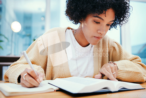 Image of Bible, study and writing, woman with notes on religion at desk in home, Christian faith and knowledge of God. Reading, hope and girl at table with holy book, learning gospel inspiration and prayer.