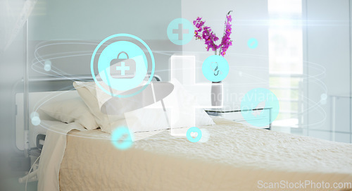 Image of Healthcare network, graphic and a hospital bed in a ward for future of a medical agency. Connection, digital and a clinic bedroom with insurance, medicine and room for an emergency or nursing