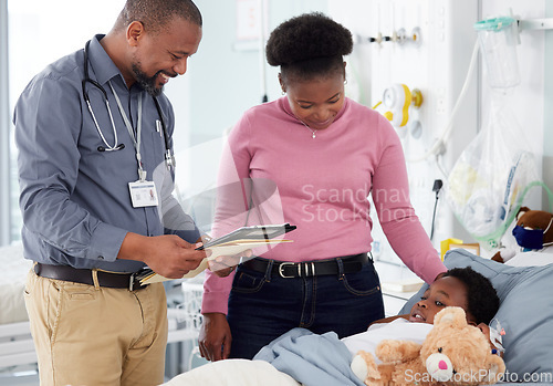 Image of Results, pediatrician or mother by child in hospital bed for good news, report or healthcare insurance. African kid, paper or doctor with prescription, document or checklist for a mom or black woman