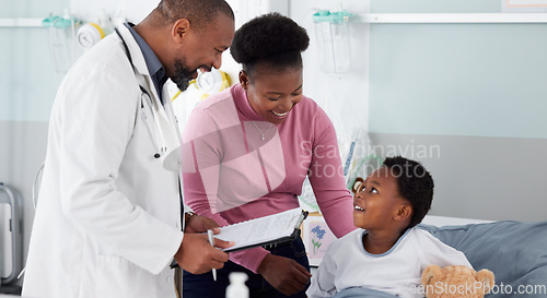 Image of Results, doctor or child with mother in hospital bed for good news, report or healthcare insurance. Kid, paper or African pediatrician with prescription or checklist for a happy mom or black woman