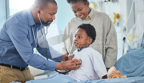 Image of Pediatrician, mother or child breathing in hospital for medical help, insurance exam or lungs test. Heart beat, stethoscope or doctor listening to kid patient, parent or African mom for wellness