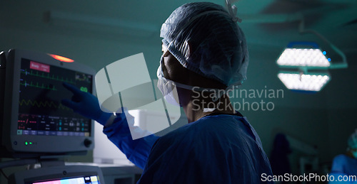 Image of Back, medical and monitor with a doctor in theater for surgery or a healthcare procedure at the hospital. Medicine, technology and equipment with a professional surgeon in a clinic for an operation