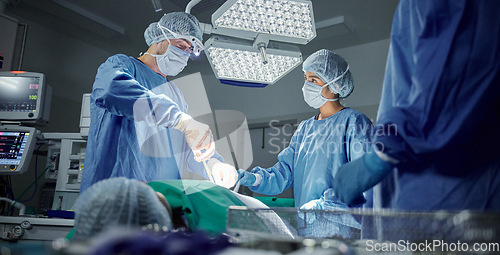 Image of Teamwork, medical and doctors working on a surgery for healthcare treatment in a theatre room. Collaboration, career and professional surgeons doing an operation on a patient in a hospital or clinic.