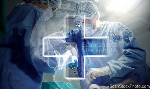 Image of Surgery, people and global plus sign overlay for ICU emergency, wound healing service or clinic operation support. Dark room theatre team, worldwide healthcare icon or surgeon teamwork on saving life