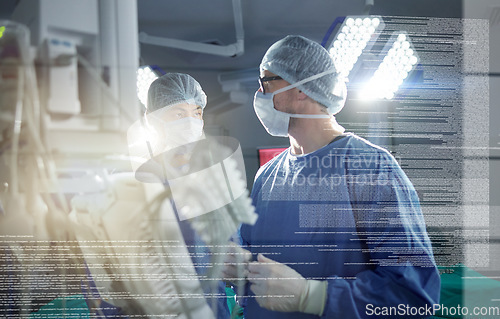 Image of Surgery, team and overlay or talk operation in hospital theater, confident or patient healthcare. Male person, help and professional research for anatomy information, neurology text or medical doctor