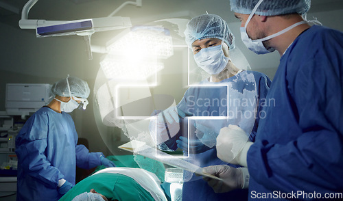 Image of Surgery overlay, doctors and discussion on folder, hospital emergency and review patient records for medical healing service. Dark operating room, teamwork and surgeon with world healthcare plus sign