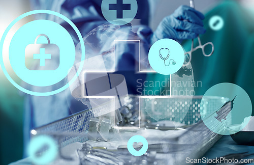 Image of Hologram, closeup and icons with healthcare, tools and futuristic with doctor, hospital and employee. Zoom, person or medical professional with medicare equipment, surgery or holographic in a clinic