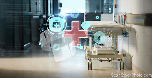 Image of Healthcare, hologram and medical icon in a hospital after work, ready for an emergency or accident. Medicine, symbol or sign overlay and service with a bed in the empty hallway of a health clinic