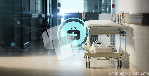 Image of Hologram, medicine and a bed in the corridor of a hospital after work, ready for an emergency or accident. Healthcare, medical and icon overlay with a gurney in the empty hallway of a health clinic