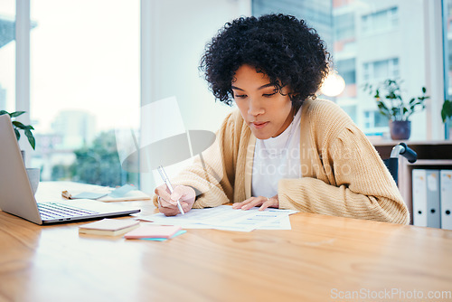 Image of Office, writing and woman in wheelchair with reading at a desk with company report and research. Planning, paperwork and female person with a disability and information for business and work