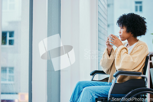 Image of Woman, drink coffee and window in wheelchair, thinking and ideas with memory in home for recovery from injury. Girl, tea cup and person with disability, choice or remember in morning rehabilitation