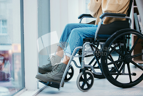 Image of Home, closeup and woman with a wheelchair, calm and accident with results, support and mobility. Person with disability, girl and patient with wellness, health and recovery with healing and apartment