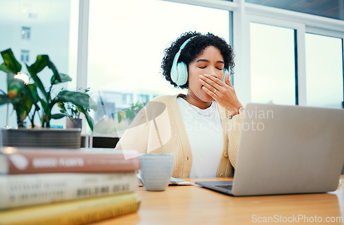 Image of Business, burnout and tired woman yawn with laptop in office sleepy, low energy or lazy. Fatigue, exhausted and female person bored with online conference, training or upskill, video or seminar