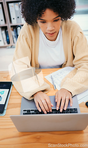 Image of Woman with laptop, typing and research in home office with documents, internet and ideas for freelance project. Remote work, web report and girl with computer, paperwork and writing online from above