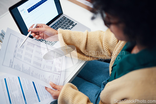 Image of Closeup, financial and woman with documents, laptop and accounting with budget, payment and internet. Person, employee and worker with a pc, paperwork or investment with income, audit or transactions