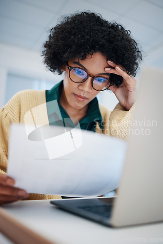 Image of Woman, stress and reading finance paperwork with tax audit, debt and loan overdraft, laptop and accounting. Bills, asset management and financial mistake with document, inflation and bankruptcy