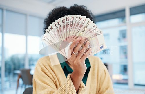 Image of Woman, hand and money fan in financial freedom, investment or savings for profit or growth at office. Female person with cash flow, paper notes or bills for expenses, shopping or finance at workplace