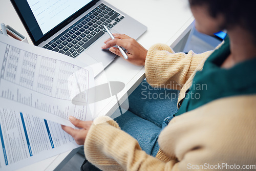 Image of Closeup, finance and woman with documents, laptop and accounting with budget, planning and internet. Person, accountant and worker with a pc, paperwork and investment with payment and transactions