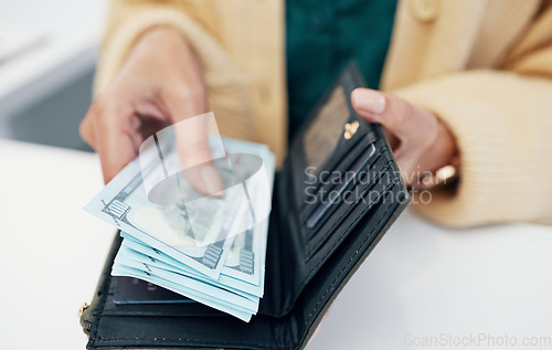 Image of Person, hands and wallet with money for payment investment or savings on counter at checkout. Closeup of employee with cash, bills or paper notes for profit, salary or finance in purchase or shopping