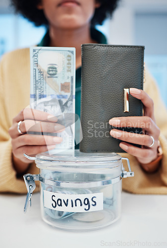 Image of Woman, hands and money with jar for savings, investment or financial freedom on counter or table. Closeup of employee with wallet of cash, bills or paper notes for banking profit, growth or finance