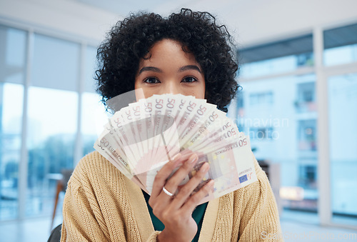 Image of Woman, portrait and cash fan with financial freedom, bonus or winning with wealth, bills and lottery. Money, investment and rich with euro notes, success in finance with prize or reward with payment