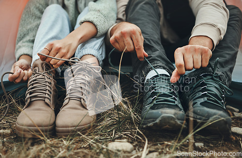 Image of Shoes, people tie shoelace and hiking outdoor in nature park for travel and adventure, explore and zoom. Boots, camping with start or prepare for walk, trekking and journey with health and fitness