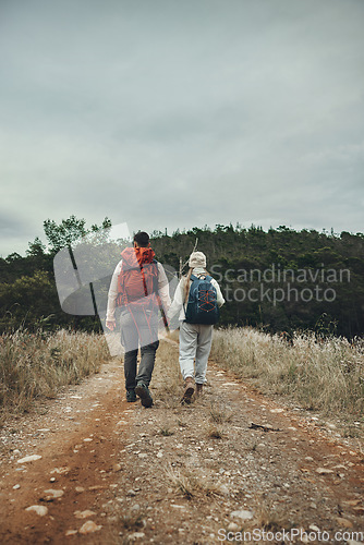 Image of Couple back view, hiking and holding hands in nature with travel, mountain and backpacking in wilderness and explore outdoor. People on adventure, holiday date and environment with trekking path