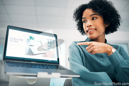 Image of Woman hiring, pointing at laptop with job advertising, opportunity and recruitment at company with human resources. Website, information and HR with recruiting, onboarding and employment offer