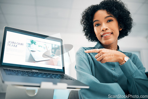 Image of Happy woman, laptop and pointing in hiring, advertising or job opportunity to join team at office. Face of female person smile showing computer screen in recruiting, interview or website at workplace