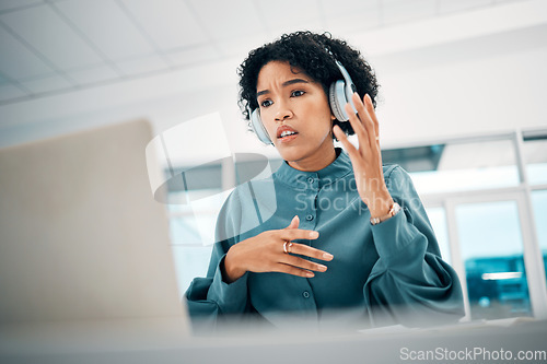 Image of Woman is confused, laptop glitch and headphones, video conference for presentation, tech and online meeting. Communication fail, 404 or error during virtual discussion, webinar and corporate training