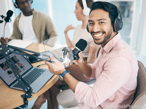 Image of Man, microphone and radio, headphones and laptop in portrait, media or press with journalist or DJ for content creation. Podcast, influencer and live stream with audio, talk show and communication