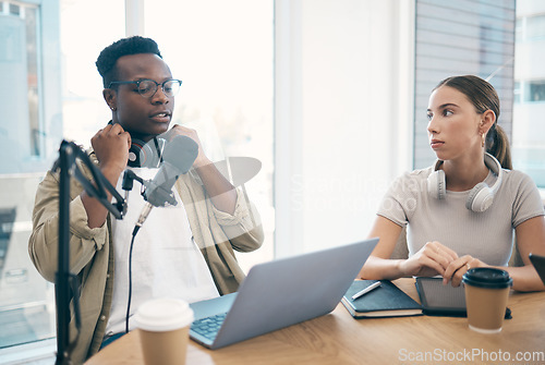 Image of Man, podcast team and streaming live or online recording, creative conversation or microphone. Black male person, woman or laptop office for social network, influencer audience or content creating