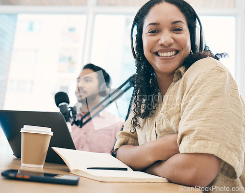 Image of Woman, headphones and radio station, portrait with media or press with journalist or DJ, notebook and content creation. Podcast, influencer and live stream with audio, talk show and communication