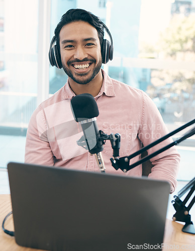 Image of Happiness, portrait and podcast man, speaker or audio presenter pride in online social media talk show. Radio air, audio mic and influencer hosting, live streaming and broadcast news, advice or tips