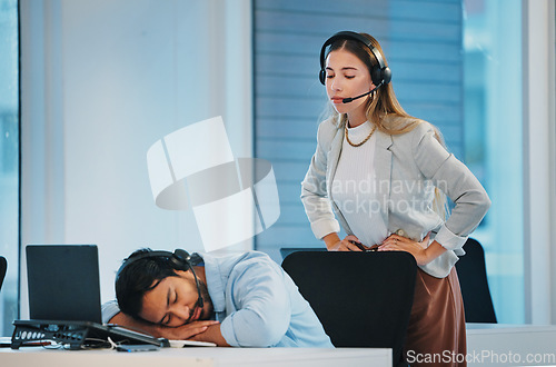 Image of Boss, lazy and man employee in office at laptop telemarketing center, sleep or burnout. Woman manager, worker and headset or person tired rest at desk, overworked or fatigue for customer service
