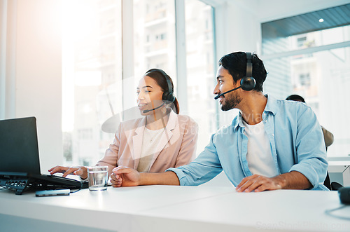 Image of Call center, training with manager and support, laptop and help with CRM process, customer service and telecom. Working together, team and coaching with people in office, telemarketing and advice