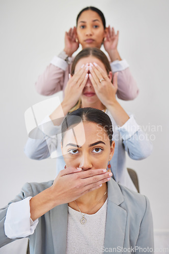 Image of Business people, women censored and portrait for silence, cover eyes and listening, confidential or secret in studio. Face of employees or team with speech risk or communication on a white background