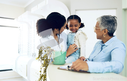 Image of Mother, daughter and pediatrician in a clinic for insurance, healthcare checkup or medical appointment. Family, doctor and a girl child in the hospital with a mature medicine professional for health