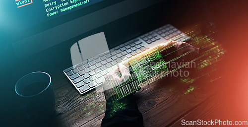 Image of Dark, hologram and a hacker for cyber security, cloud computing or connection to computer system. Graphic, night and hands of a person typing on a pc for government information or data center network